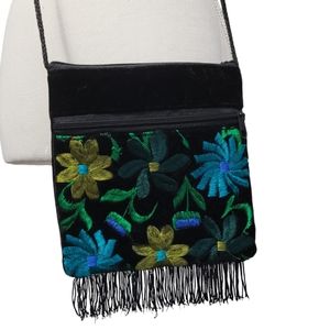Velour black/turquoise fringe embroidered floral bohemian crossbody bag, purse